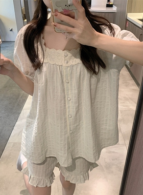 韩版甜美条纹睡衣女款夏季2025新款蕾丝花边方领短袖两件套家居服