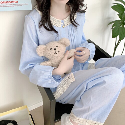 秋季长袖花边领条纹家居服套装