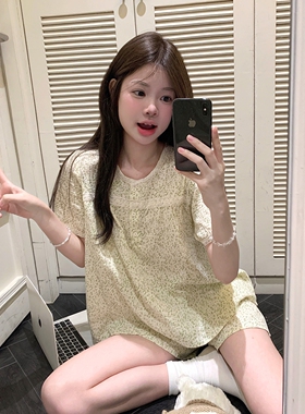 甜美少女小碎花睡衣女款夏季田园风蕾丝边短袖短裤开衫家居服套装