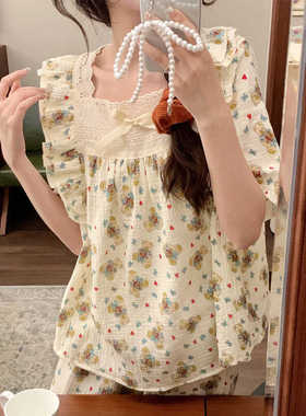 甜美可爱小熊纯棉纱睡衣女款2024新款夏季短袖长裤薄款家居服套装