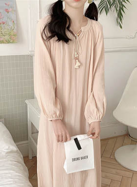 新中式国风纯棉纱睡裙女款2024新款春秋季长袖睡衣宽松薄款家居服