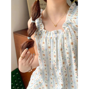 夏天可爱背心短裤棉纱睡衣女夏季新款简约吊带薄款两件套装家居服