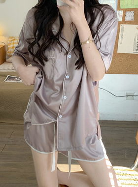 韩版纯色冰丝睡衣女夏天2024年薄款短袖丝绸女士高级感家居服套装