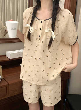 双层纱可爱樱桃薄款睡衣夏季女款2024新款棉麻短袖短裤家居服套装