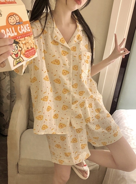卡通可爱棉纱睡衣女款夏季ins风短袖短裤休闲可外穿两件套家居服