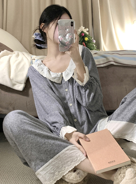 韩系简约花边领毛巾绒睡衣女秋冬季2024新款休闲宽松两件套家居服