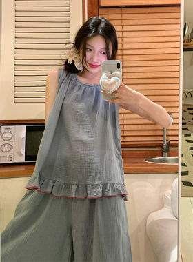 宫廷风纯棉麻吊带睡衣女2024新款夏天无袖背心长裤薄款家居服套装
