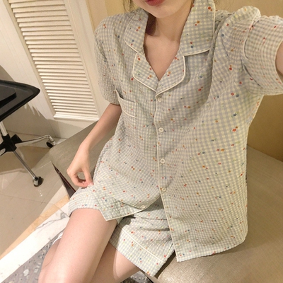 小碎花格子棉麻睡衣女款夏季
