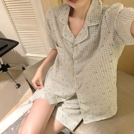 甜美小碎花格子棉麻睡衣女款夏季翻领短袖短裤宽松开衫家居服套装