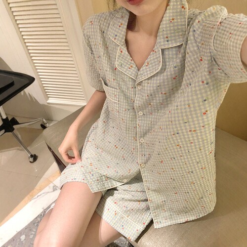小碎花格子棉麻睡衣女款夏季