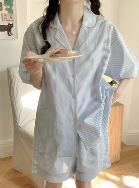 韩系简约条纹撞色睡衣女夏季2025新款休闲短袖翻领开衫套装家居服