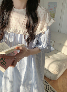 韩系温柔碎花拼接睡裙女款夏季简约条纹休闲短袖宽松可外穿家居服