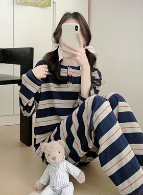 韩系条纹简约莫代尔睡衣女春秋季休闲圆领舒适宽松长袖套装家居服