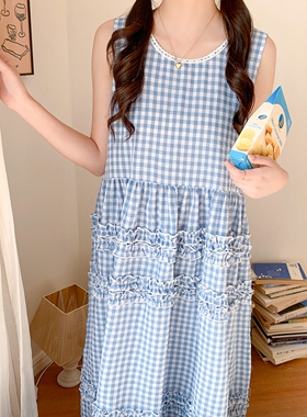 韩系格子简约棉麻背心睡裙女款夏季休闲慵懒无袖宽松可外穿家居服