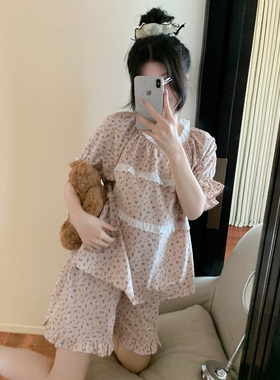 甜美碎花荷叶花边睡衣女款夏季2025新款少女感圆领短袖家居服套装