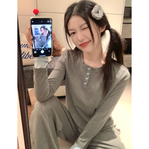 韩版假两件德绒拼接睡衣女春秋款清爽奶蓝纯棉长袖舒适家居服套装