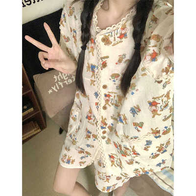 夏天可爱兔子双层纱睡衣女薄款