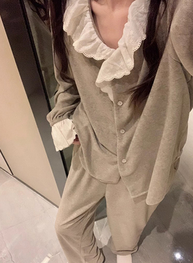 公主风简约双面牛奶绒睡衣女秋冬季2025新款毛巾棉甜美花边家居服