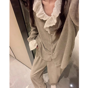 公主风简约双面牛奶绒睡衣女秋冬季2025新款毛巾棉甜美花边家居服