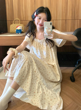 甜美碎花短袖睡裙女夏季2025新款宽松浪漫花边宽松睡裙家居服套装
