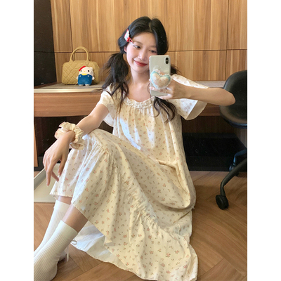 甜美碎花短袖睡裙女夏季2026新款宽松浪漫花边宽松睡裙家居服套装