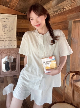 甜美休闲条纹睡衣女款夏季慵懒圆领短袖短裤宽松可外穿家居服套装