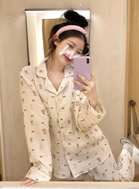 可爱蝴蝶结狗狗棉纱睡衣女春秋季舒适翻领长袖长裤开衫家居服套装