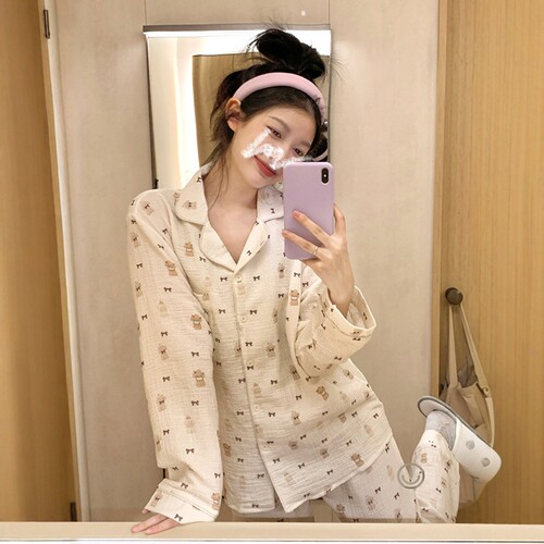 蝴蝶结狗狗棉纱睡衣女春秋季