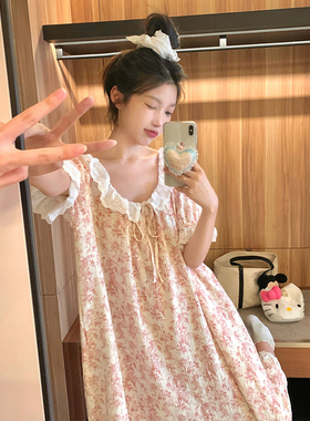 国风水墨花短袖双层纱睡裙女夏季2024新款花边圆领睡衣家居服套装