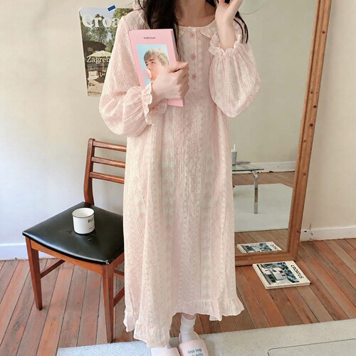 碎花棉纱长袖睡裙女春秋款
