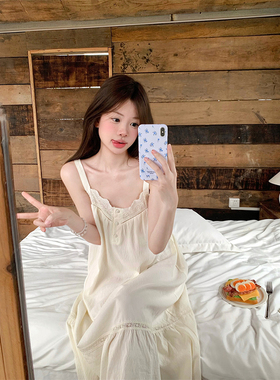 纯欲风微透少女全棉睡裙女夏法式甜美镂空吊带长款简约宽松家居服