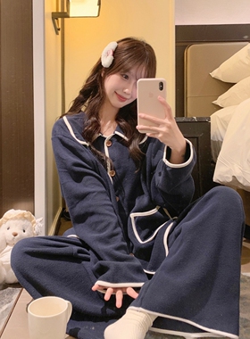 韩系法兰绒毛绒口袋系睡衣女冬季加绒加厚薄绒宽松开衫家居服套装