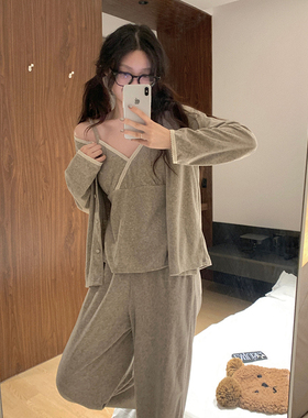 春秋简约v领花边带胸垫吊带三件套毛巾绒睡衣冬季女款甜美家居服