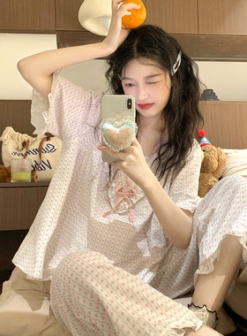 甜美碎花海军领棉麻v领睡衣女款夏花边蝴蝶结短袖长裤家居服套装