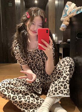 韩系豹纹印花棉纱布睡衣夏季女2026新款短袖长裤休闲两件套家居服