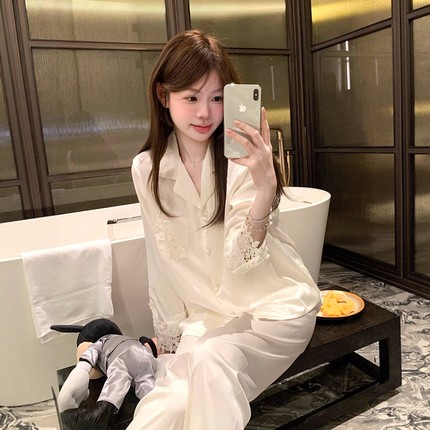 高级感法式冰丝蕾丝袖睡衣女春秋款宫廷风气质长袖开衫家居服套装