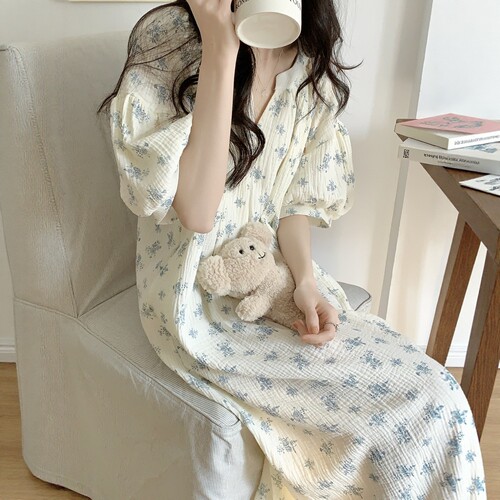 韩系碎花双层棉纱睡裙女夏季