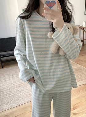 韩系条纹简约舒适莫代尔睡衣女春秋季休闲宽松长袖慵懒家居服套装