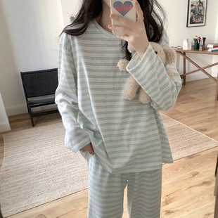韩系条纹简约舒适莫代尔睡衣女春秋季 休闲宽松长袖 慵懒家居服套装