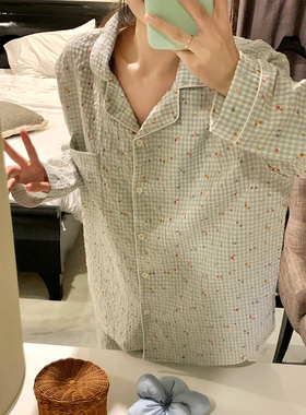 韩系格子小碎花睡衣女春秋季棉麻翻领开衫简约长袖长裤家居服套装