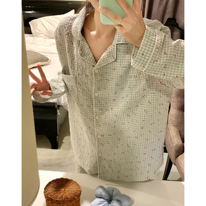 韩系格子小碎花睡衣女春秋季棉麻翻领开衫简约百搭长袖家居服套装