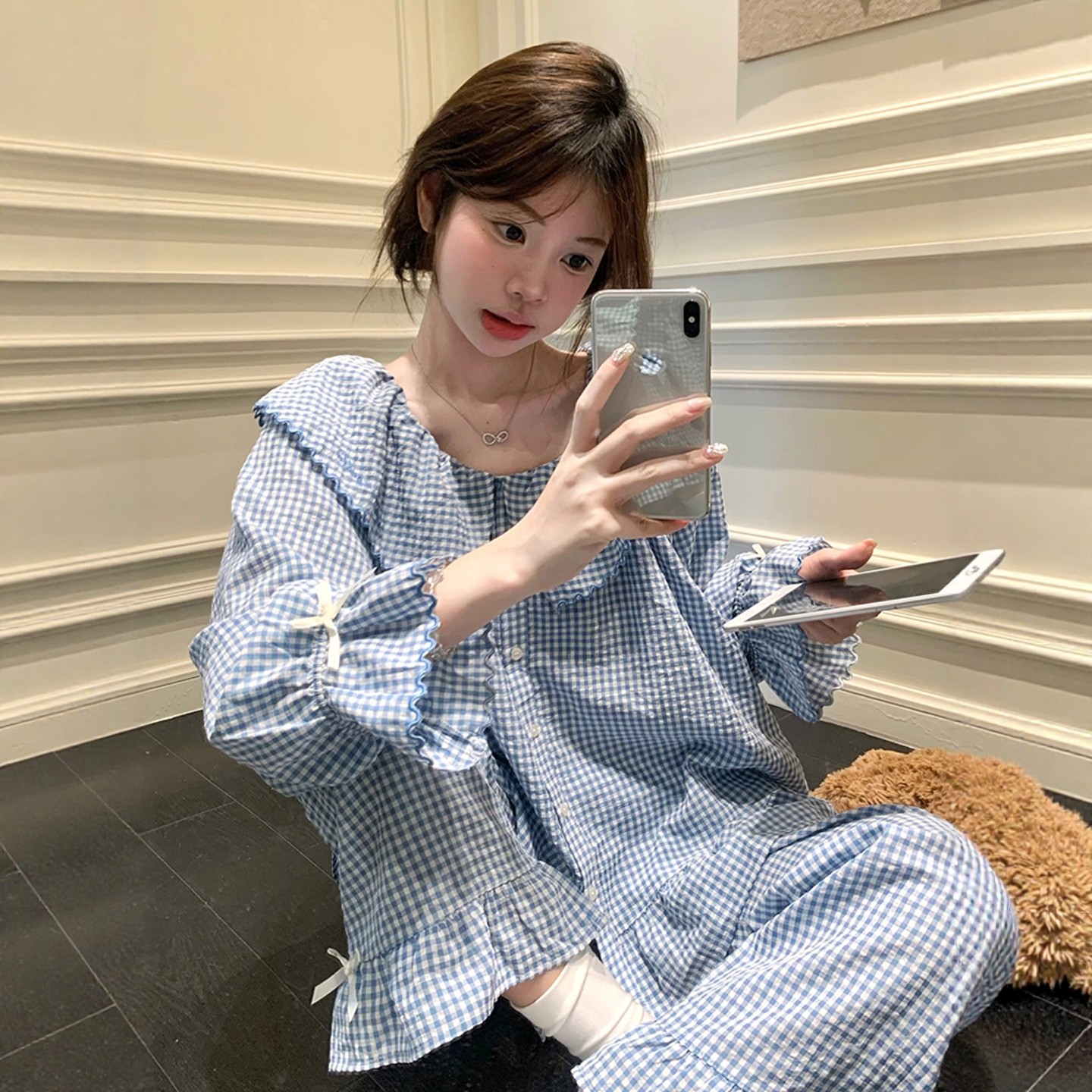 韩系小方格刺绣棉麻睡衣女春秋款图片