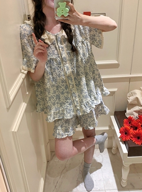 复古甜美碎花棉纱睡衣女夏季娃娃领开衫短袖短裤可外穿家居服套装
