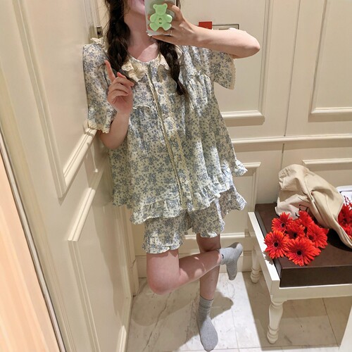 甜美碎花棉纱睡衣女夏季