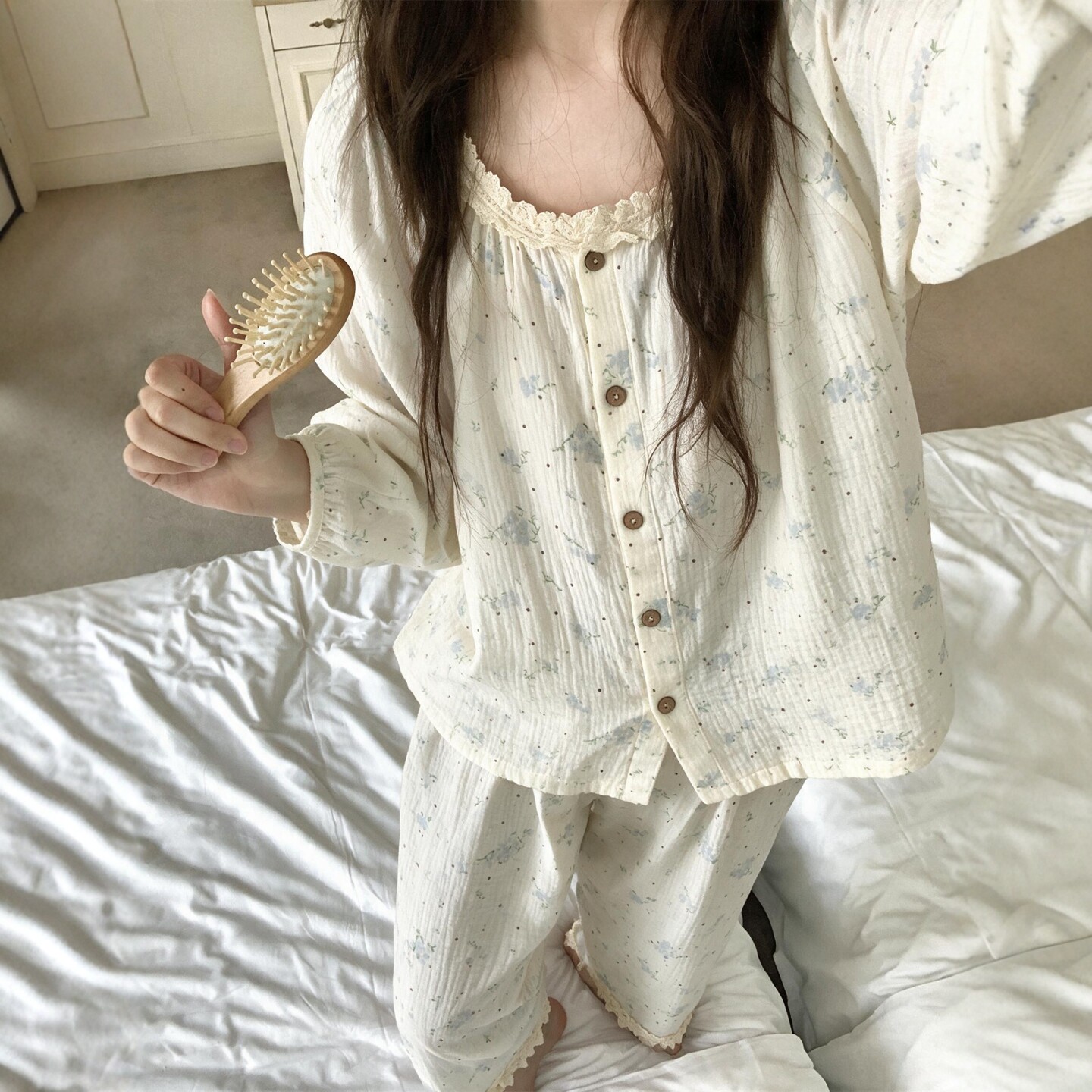 春秋甜美碎花双层纱女睡衣套装图片