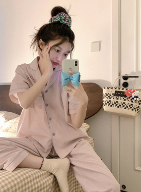 韩版条纹撞色棉麻睡衣女夏季2025新款简约舒适短袖长裤家居服套装