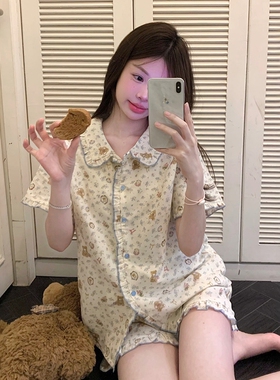 甜美可爱棉纱睡衣女款夏季2026新款少女波浪边短袖短裤家居服套装