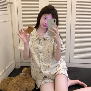 夏季 家居服套装 2026新款 短裤 少女波浪边短袖 甜美可爱棉纱睡衣女款