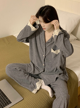秋冬季甜美蕾丝边保暖毛巾绒睡衣女2023新款翻领可外穿休闲家居服