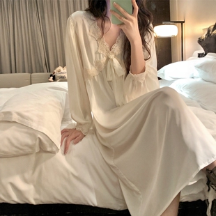家居服套装 性感V领睡裙女春秋花边蝴蝶结长袖 甜美公主风冰丝法式
